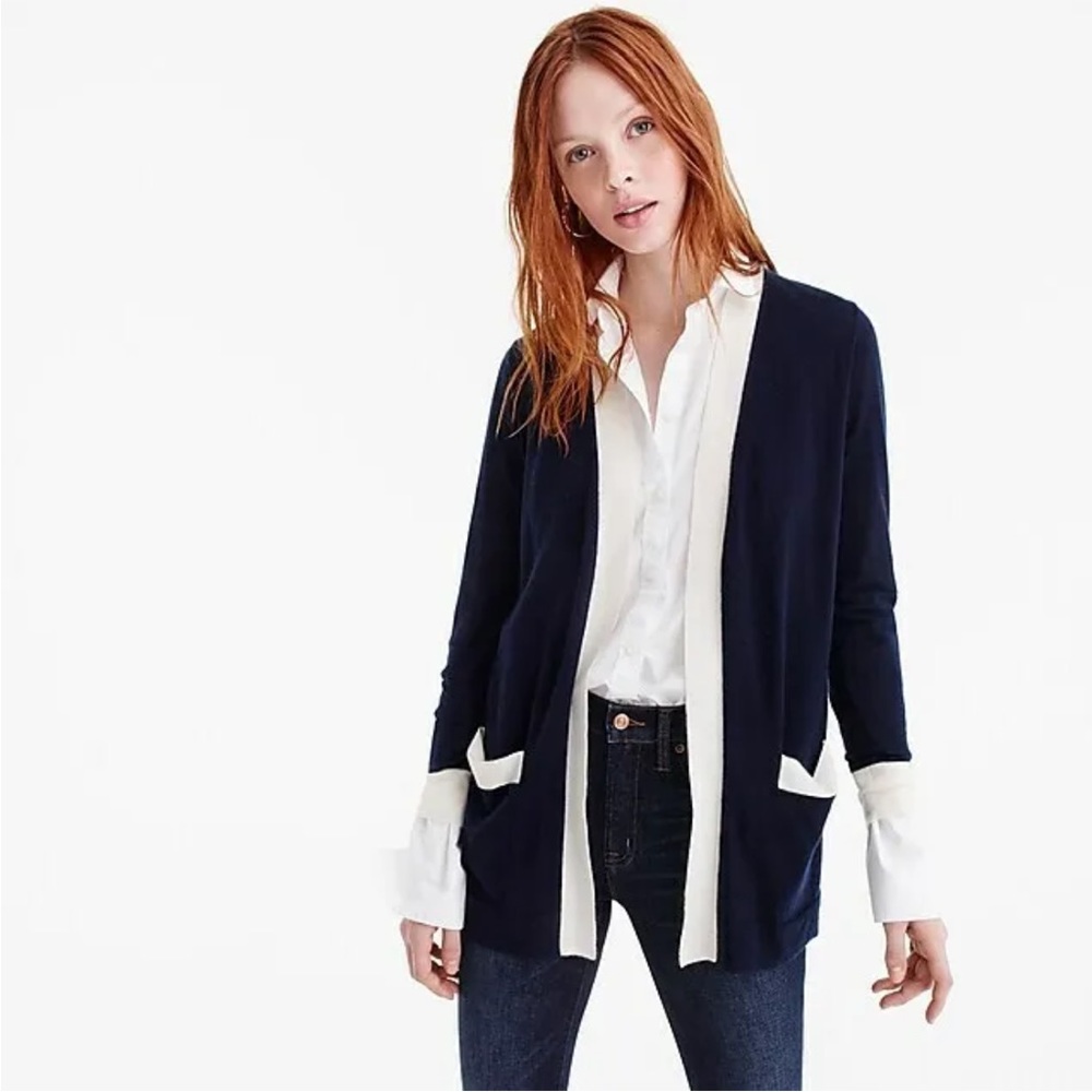 J.Crew Cashmere Cardigan contrast navy blue white with belt.